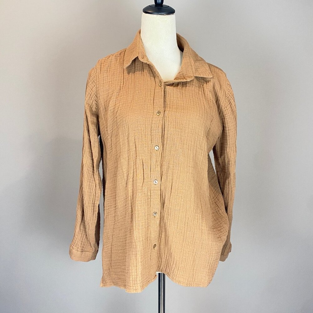 Eileen Fisher Organic Cotton Gauze Collar Lagenlook‎ Button Up Size Small Petite